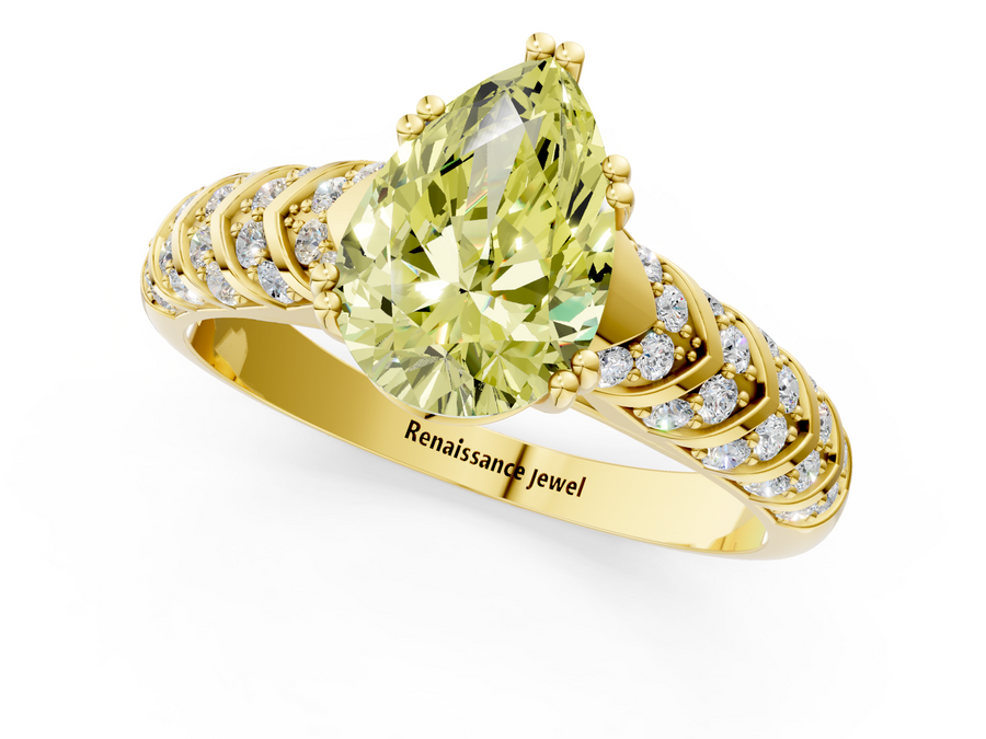 Yellow gold Fancy Yellow Pear  Solitaire Chevron Pave Diamond Engagement Ring with Six-Prong Setting