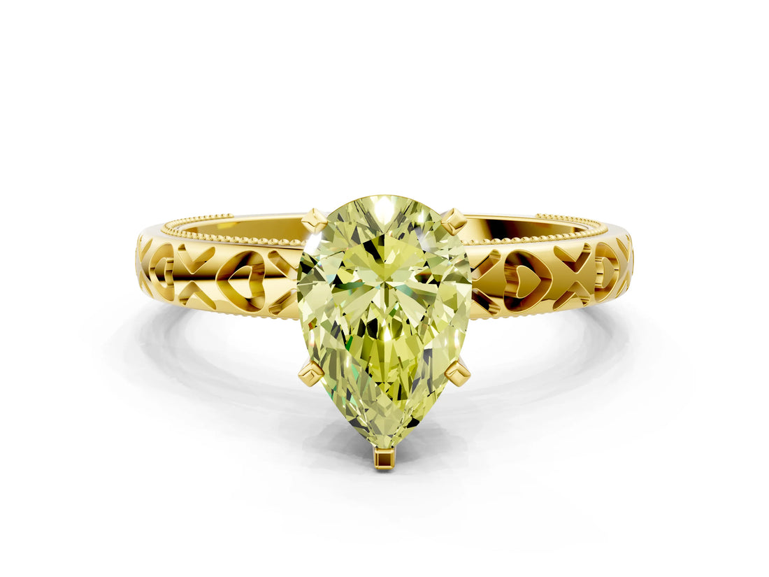 Yellow gold Fancy Yellow Pear  Solitaire Diamond Engagement Ring with XO Engraved Band and Four-Prong Setting 1