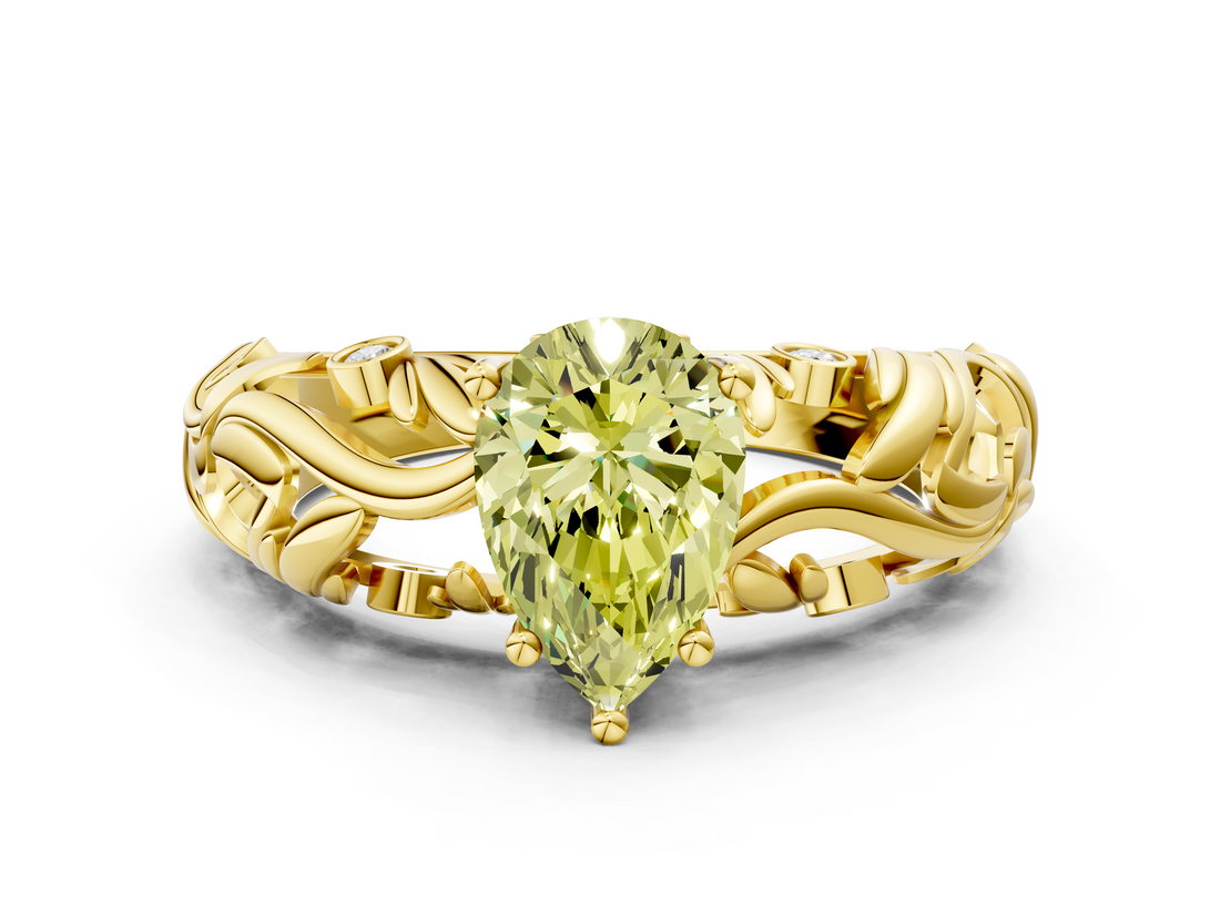 Yellow gold Fancy Yellow Pear  Solitaire Diamond Leaf Vine Band with Prong Setting_58