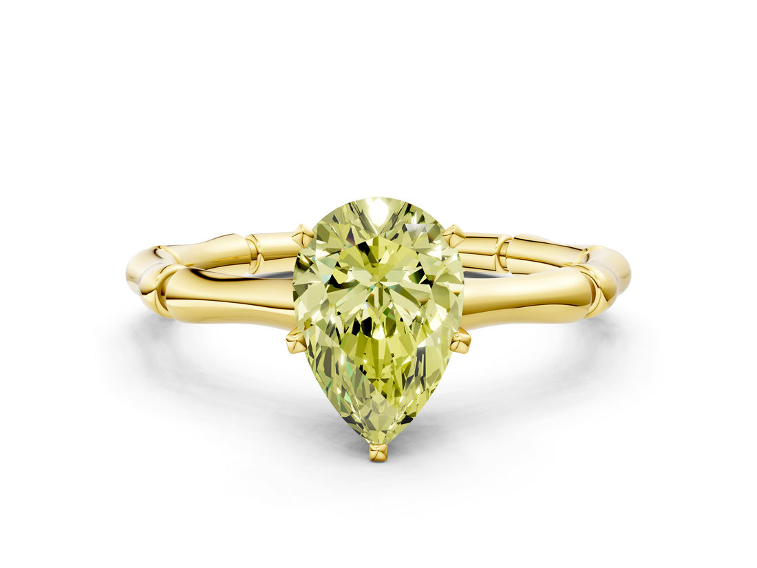 Yellow gold Fancy Yellow Pear  Solitaire Diamond Ring with Bamboo Band and Four-Prong Setting_45
