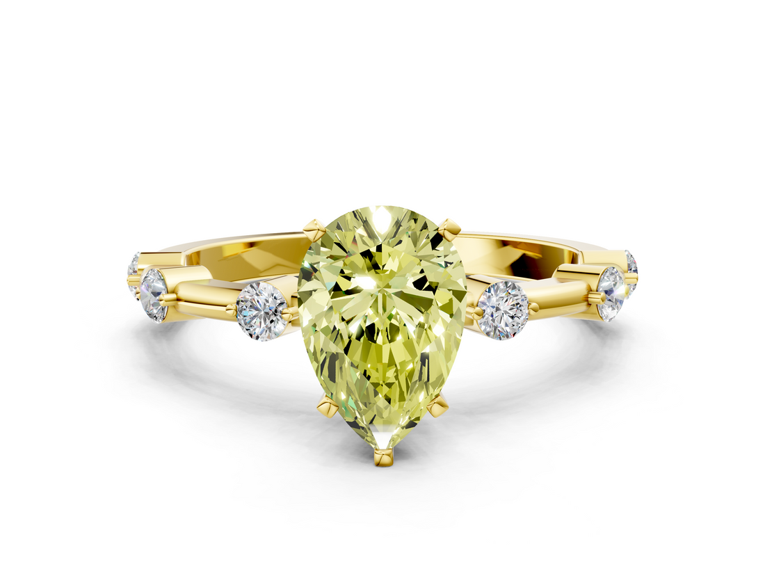 Yellow gold Fancy Yellow Pear  Solitaire Diamond Ring with Bezel Set Side Stones and Prong Setting_3