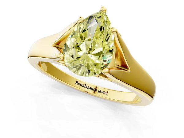 Yellow gold Fancy Yellow Pear  Solitaire Diamond Ring with Cathedral Band and Four-Prong Setting