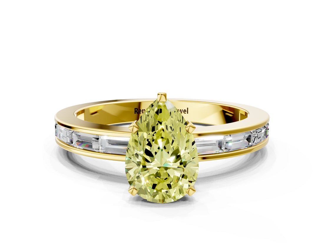 Yellow gold Fancy Yellow Pear  Solitaire Diamond Ring with Channel-Set Baguette Band and Four-Prong Setting_85