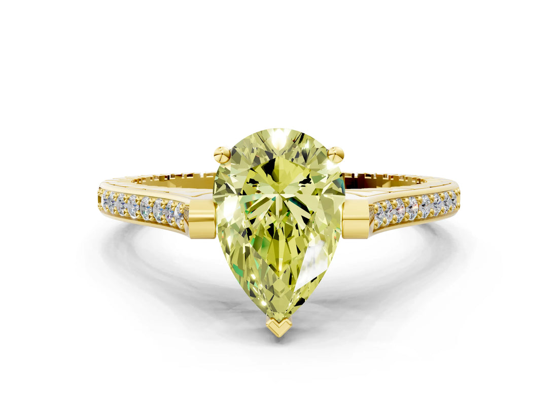 Yellow gold Fancy Yellow Pear  Solitaire Diamond Ring with Channel Set Band and Bezel Prong Setting_56