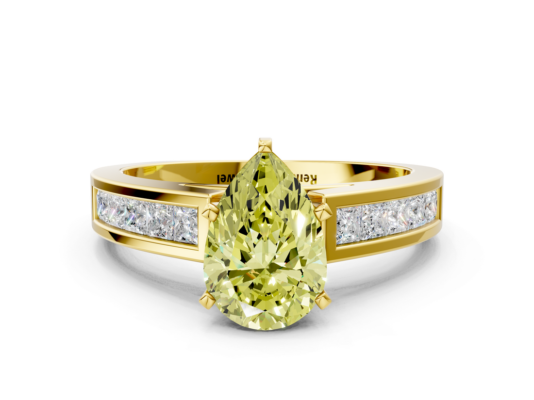 Yellow gold Fancy Yellow Pear  Solitaire Diamond Ring with Channel-Set Band and Four-Prong Setting_3