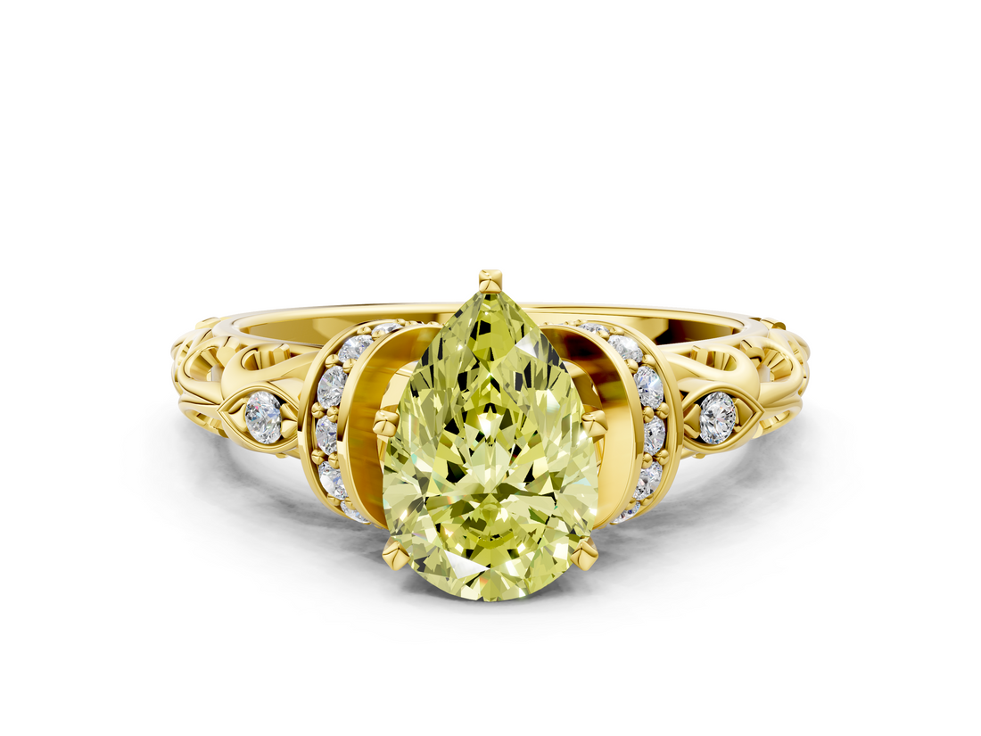 Yellow gold Fancy Yellow Pear  Solitaire Diamond Ring with Filigree Band and Four-Prong Setting_64