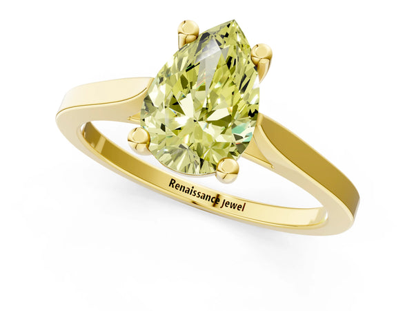 Yellow gold Fancy Yellow Pear  Solitaire Diamond Ring with Four-Prong Setting and Tapered Band