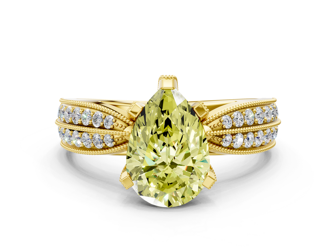 Yellow gold Fancy Yellow Pear  Solitaire Diamond Ring with Milgrain Pavé Band and Four-Prong Setting_34