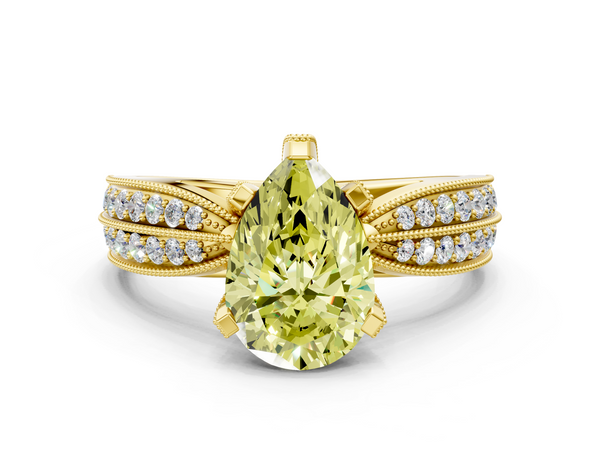 Yellow gold Fancy Yellow Pear  Solitaire Diamond Ring with Milgrain Pavé Band and Four-Prong Setting