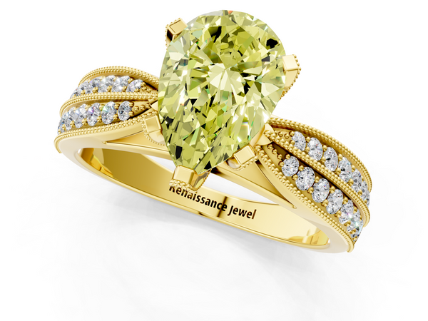Yellow gold Fancy Yellow Pear  Solitaire Diamond Ring with Milgrain Pavé Band and Four-Prong Setting