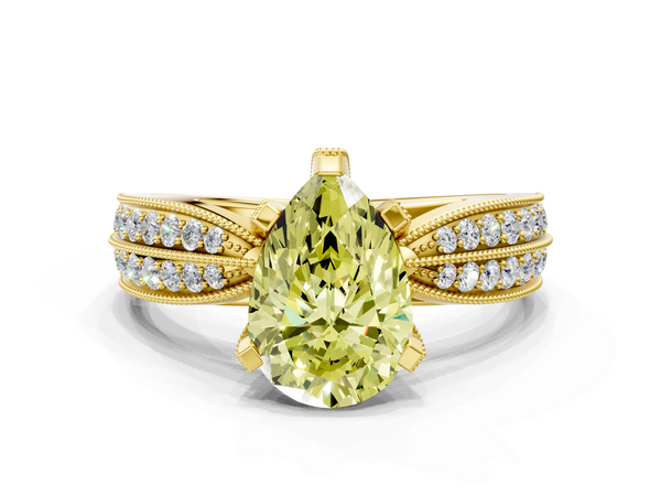 Yellow gold Fancy Yellow Pear  Solitaire Diamond Ring with Milgrain Pavé Band and Four-Prong Setting