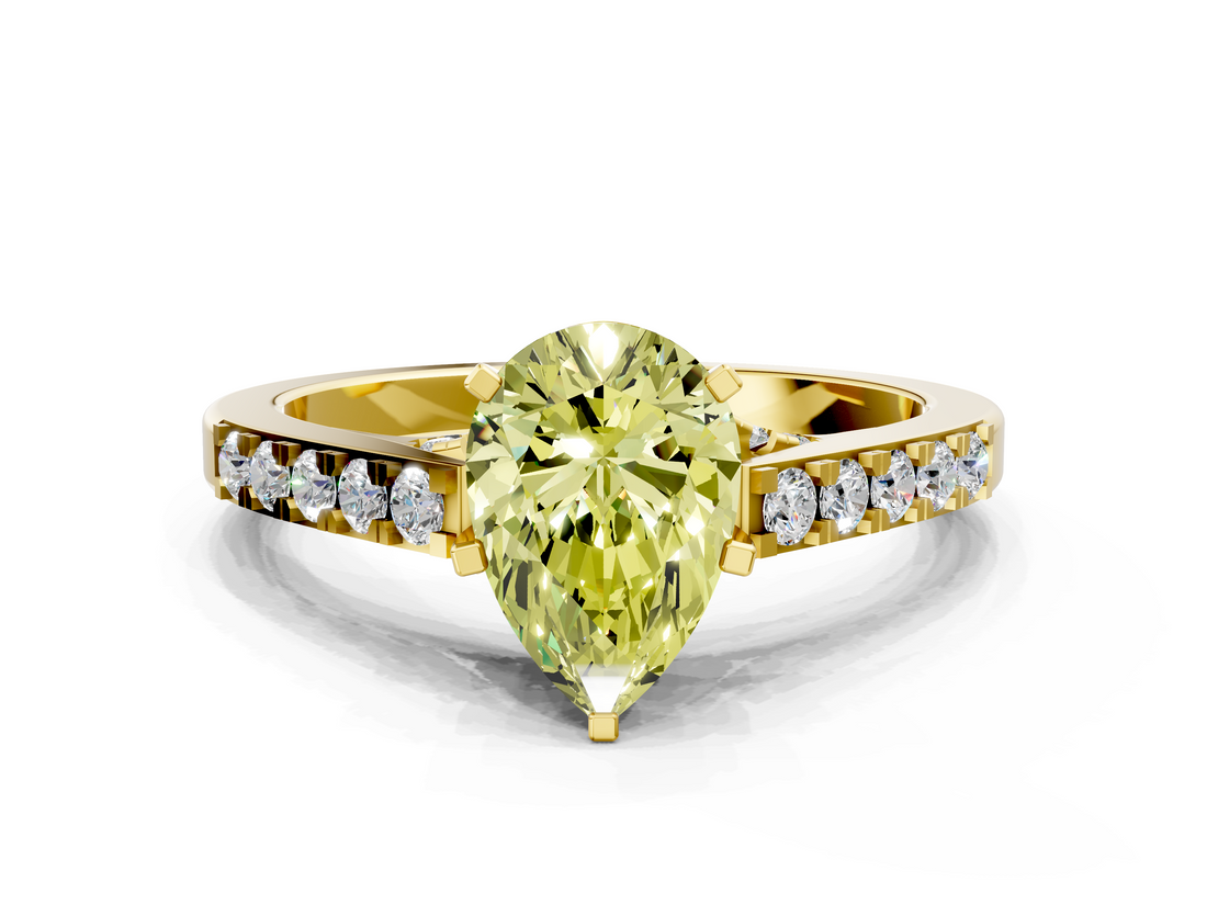 Yellow gold Fancy Yellow Pear  Solitaire Diamond Ring with Pavé Band and Four-Prong Setting_64