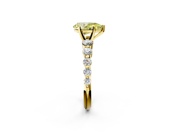 Yellow gold Fancy Yellow Pear Cut Solitaire Diamond Ring with Pave Band and Four-Prong Setting