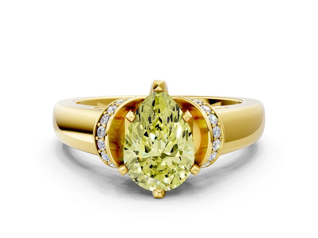 Yellow gold Fancy Yellow Pear  Solitaire Diamond Ring with Pave Band and Six-Prong Setting_32