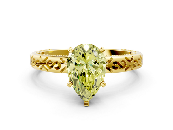 Yellow gold Fancy Yellow Pear  Solitaire Engagement Ring with Scrollwork Band and Four-Prong Setting