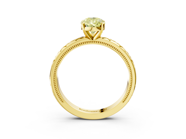 Yellow gold Fancy Yellow Pear  Solitaire Engagement Ring with Scrollwork Band and Four-Prong Setting