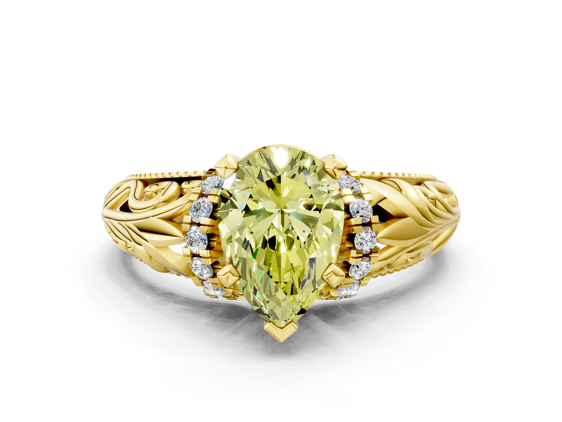 Yellow gold Fancy Yellow Pear  Solitaire Filigree Engagement Ring with Halo and Prong Setting_74