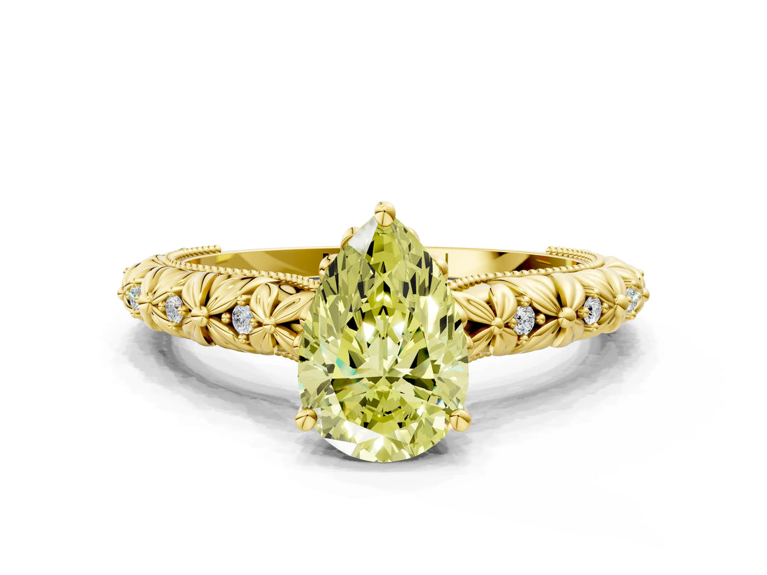 Yellow gold Fancy Yellow Pear  Solitaire Floral Milgrain Engagement Ring_31