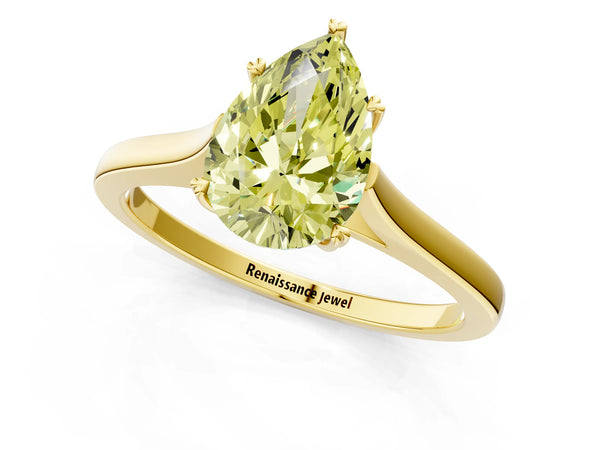 Yellow gold Fancy Yellow Pear  Solitaire Heart Prong Engagement Ring with Tapered Band