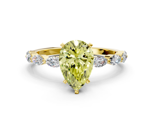 Yellow gold Fancy Yellow Pear Cut Diamond Ring with Marquise Side Stones and Prong Setting