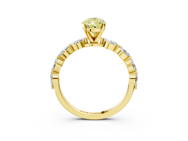 Yellow gold Fancy Yellow Pear Cut Diamond Ring with Marquise Side Stones and Prong Setting