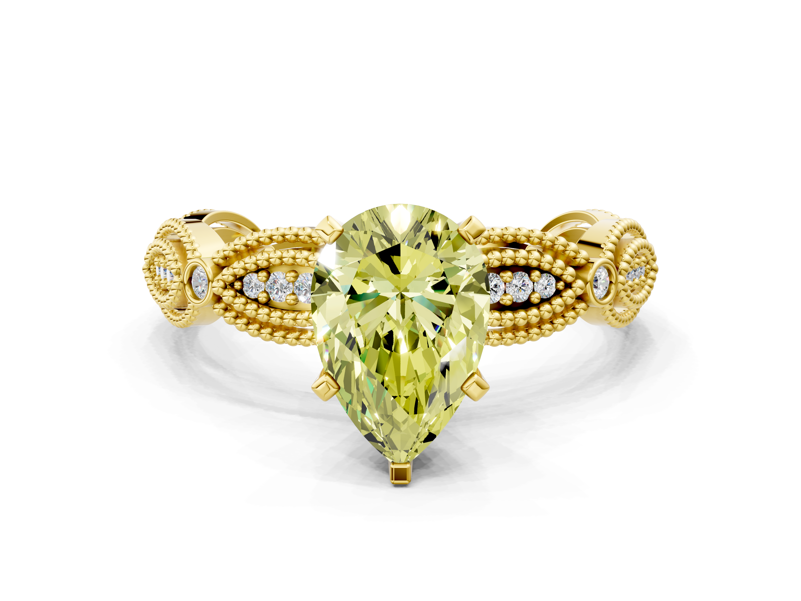 Yellow gold Fancy Yellow Pear  Solitaire Milgrain Diamond Engagement Ring with Bezel and Marquise Band_112