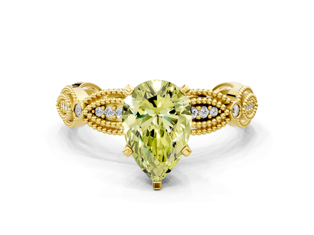Yellow gold Fancy Yellow Pear  Solitaire Milgrain Diamond Engagement Ring with Bezel and Marquise Band_112