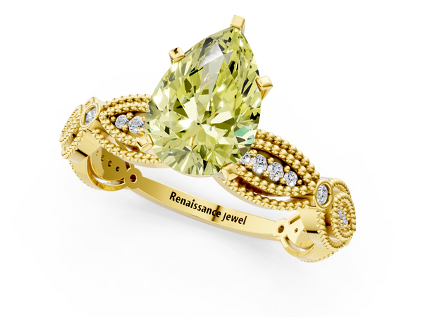Yellow gold Fancy Yellow Pear  Solitaire Milgrain Diamond Engagement Ring with Bezel and Marquise Band