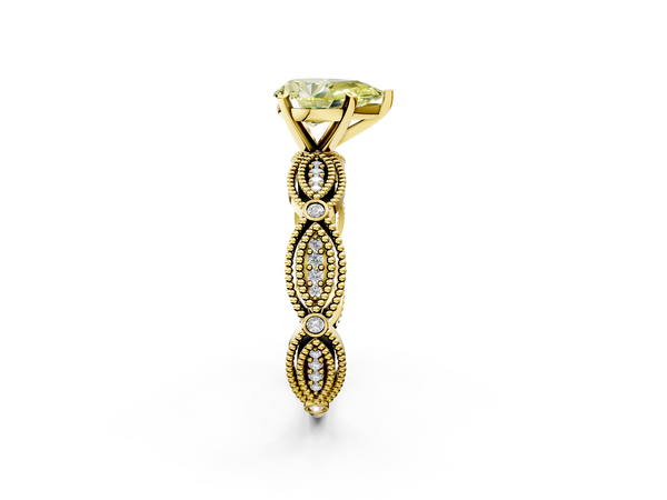 Yellow gold Fancy Yellow Pear  Solitaire Milgrain Diamond Engagement Ring with Bezel and Marquise Band
