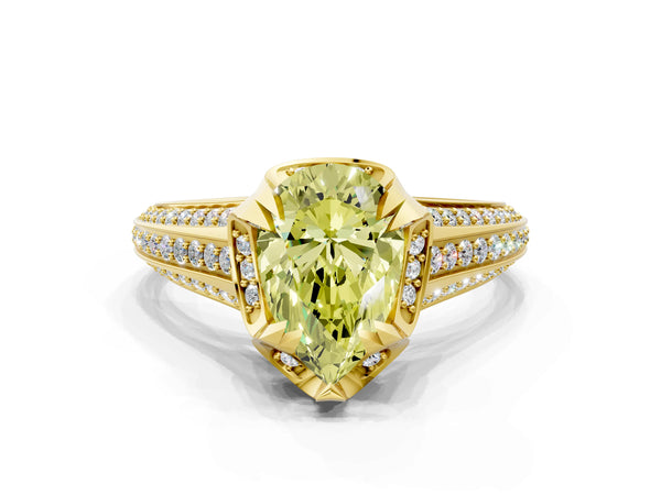 Yellow gold Fancy Yellow Pear  Solitaire Pave Split Shank Ring with Four-Prong Setting