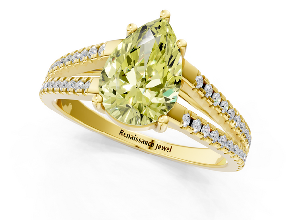 Yellow gold Fancy Yellow Pear Cut Diamond Solitaire Engagement Ring with Split Shank Pavé Band