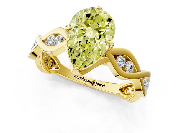 Yellow gold Fancy Yellow Pear  Solitaire Twist Band with Leaf Prong Setting