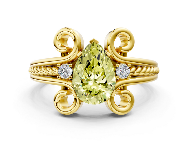 Yellow gold Fancy Yellow Pear  Solitaire Twisted Band Scroll Prong Ring