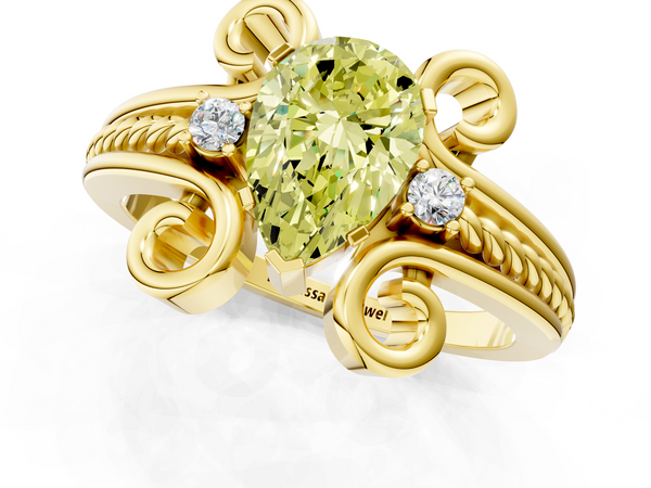 Yellow gold Fancy Yellow Pear  Solitaire Twisted Band Scroll Prong Ring