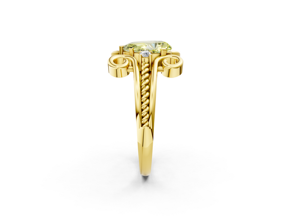 Yellow gold Fancy Yellow Pear  Solitaire Twisted Band Scroll Prong Ring