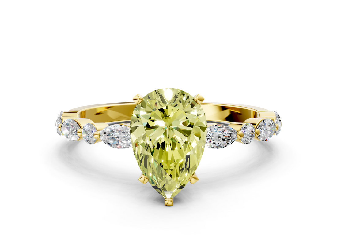 Yellow gold Fancy Yellow Pear  Solitaire with Side Stones on a Pavé Band and Four-Prong Setting_23