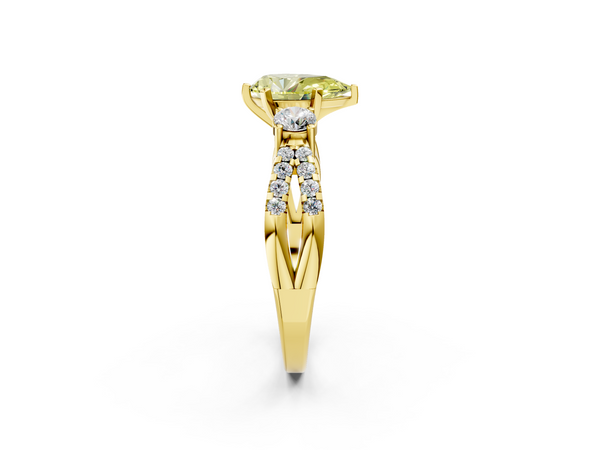 Yellow gold Fancy Yellow Pear Cut Diamond Three-Stone Ring with Pavé Split Shank and Four-Prong Setting