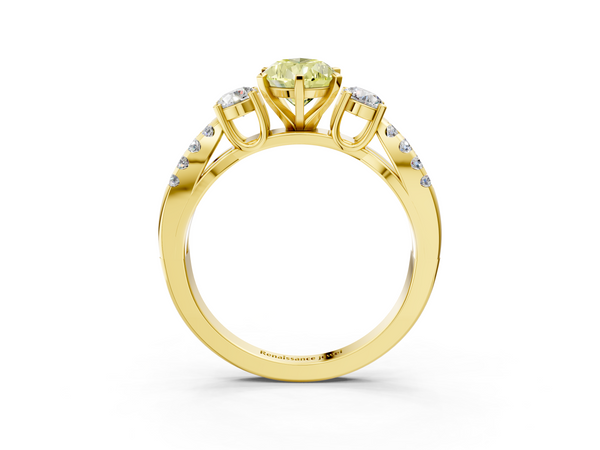 Yellow gold Fancy Yellow Pear Cut Diamond Three-Stone Ring with Pavé Split Shank and Four-Prong Setting