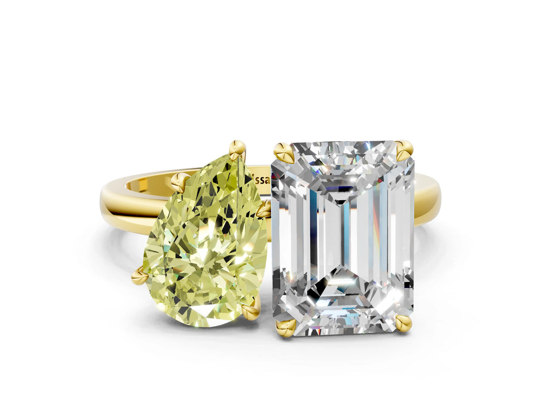 Yellow gold Fancy Yellow Pear  and Emerald Cut Toi Moi Ring with Prong Setting_62