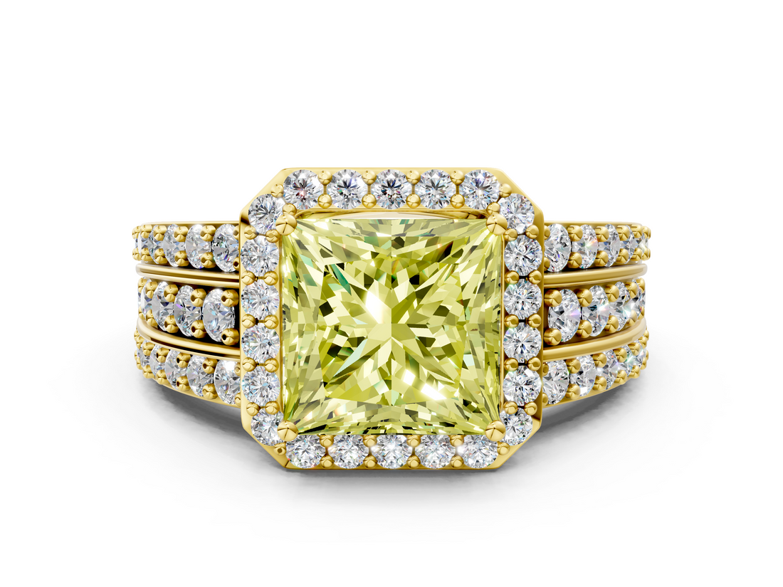 Yellow gold Fancy Yellow Princess -Cut Halo Diamond Ring with Split Shank and Four-Prong Setting_17