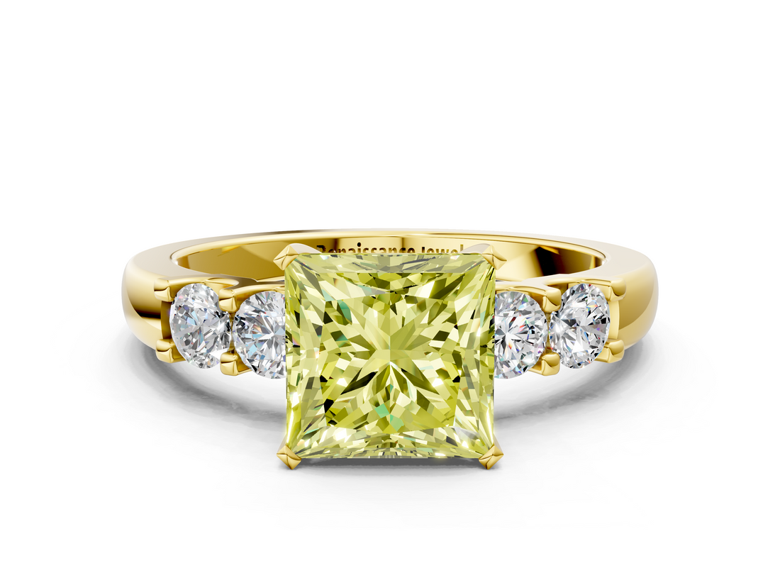 Yellow gold Fancy Yellow Princess  Brilliant Cut Diamond Five-Stone Prong Set Engagement Ring with Channel Band