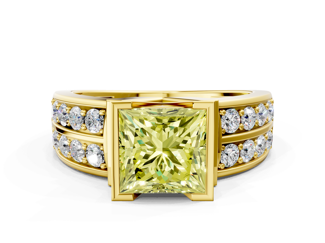 Yellow gold Fancy Yellow Princess  Brilliant Diamond Channel Set Wide Band Ring with Bezel Setting