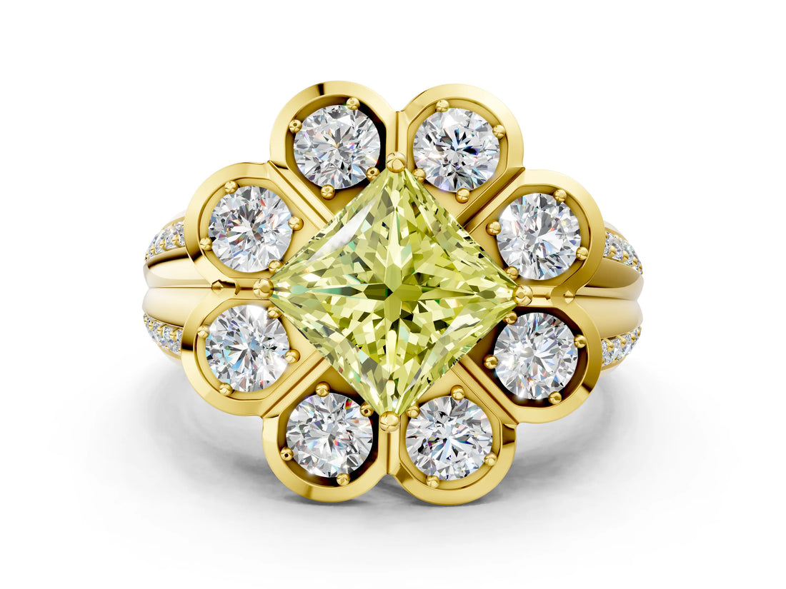 Yellow gold Fancy Yellow Princess  Brilliant Flower Halo Diamond Split Shank Ring_75