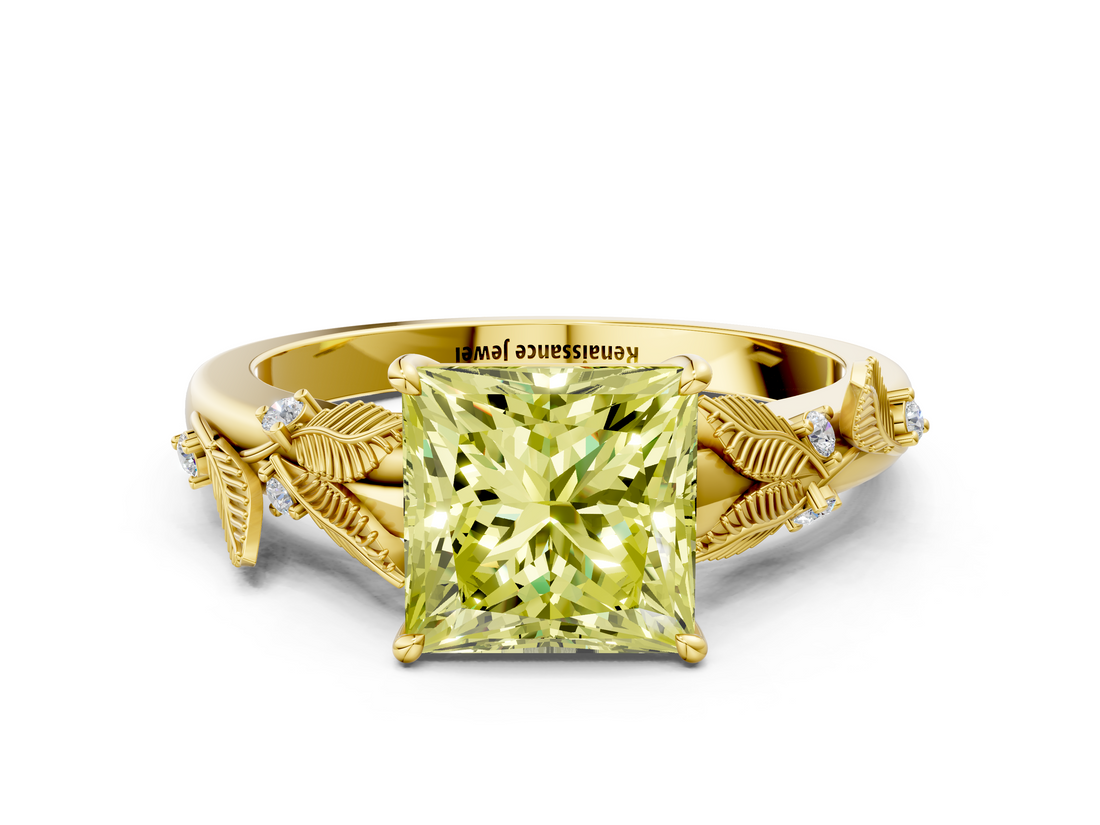 Yellow gold Fancy Yellow Princess  Brilliant Solitaire with Leaf Motif Band and Four-Prong Setting_34