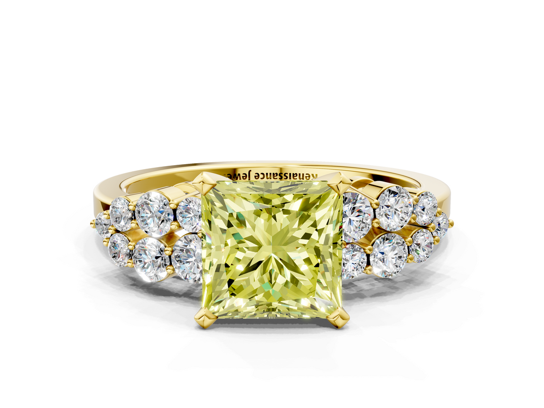 Yellow gold Fancy Yellow Princess  Cluster Diamond Engagement Ring with Pavé Band and Four-Prong Setting