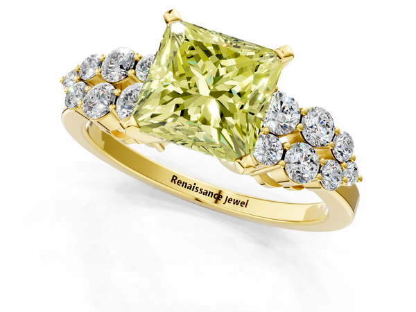 Yellow gold Fancy Yellow Princess  Cluster Diamond Engagement Ring with Pavé Band and Four-Prong Setting