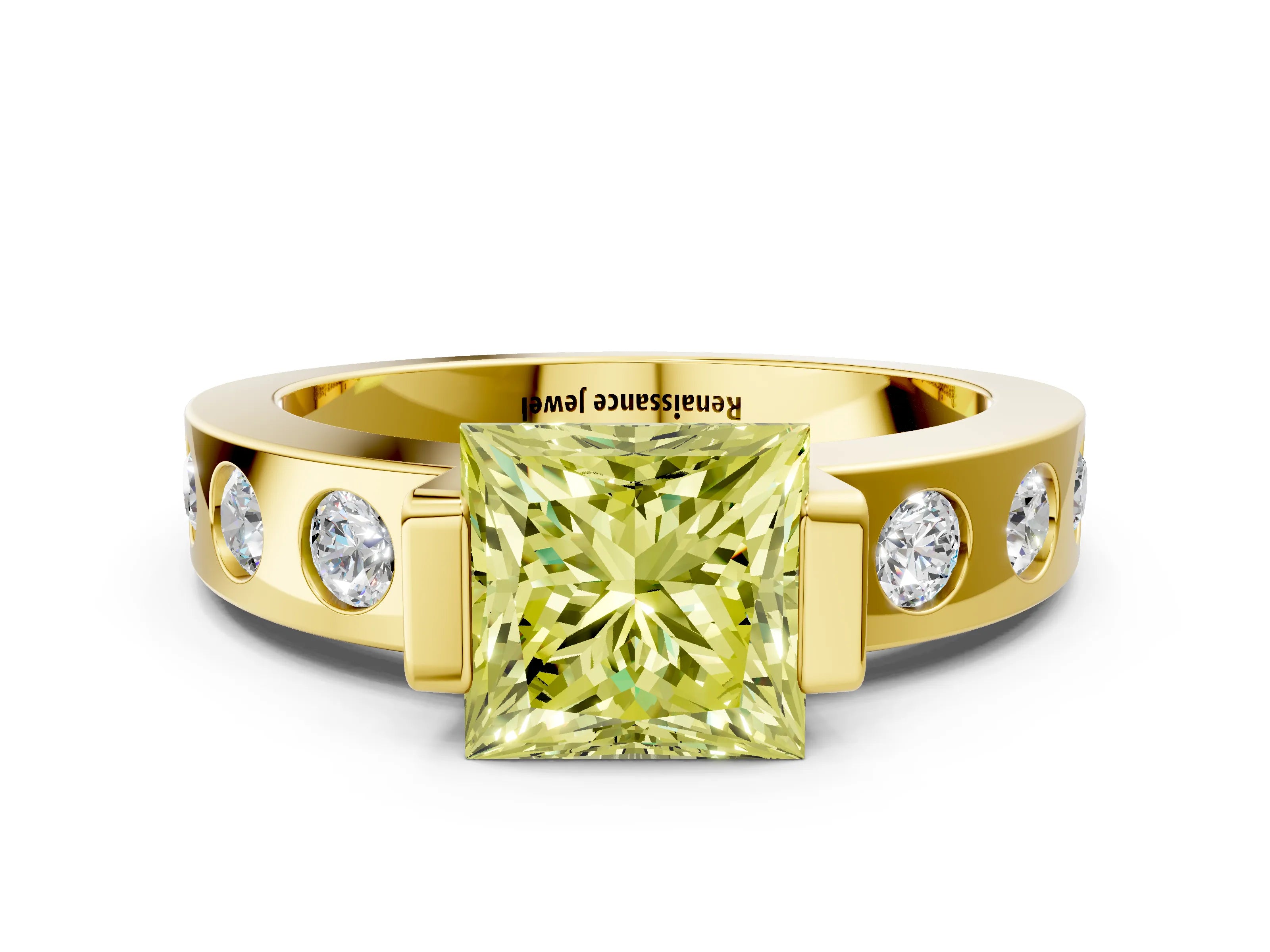 Yellow gold Fancy Yellow Princess Cut Brilliant Channel-Set Diamond Ring with Bezel Prong Setting