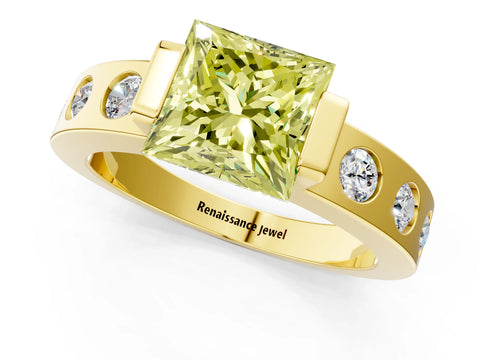Yellow gold Fancy Yellow Princess Cut Brilliant Channel-Set Diamond Ring with Bezel Prong Setting_1