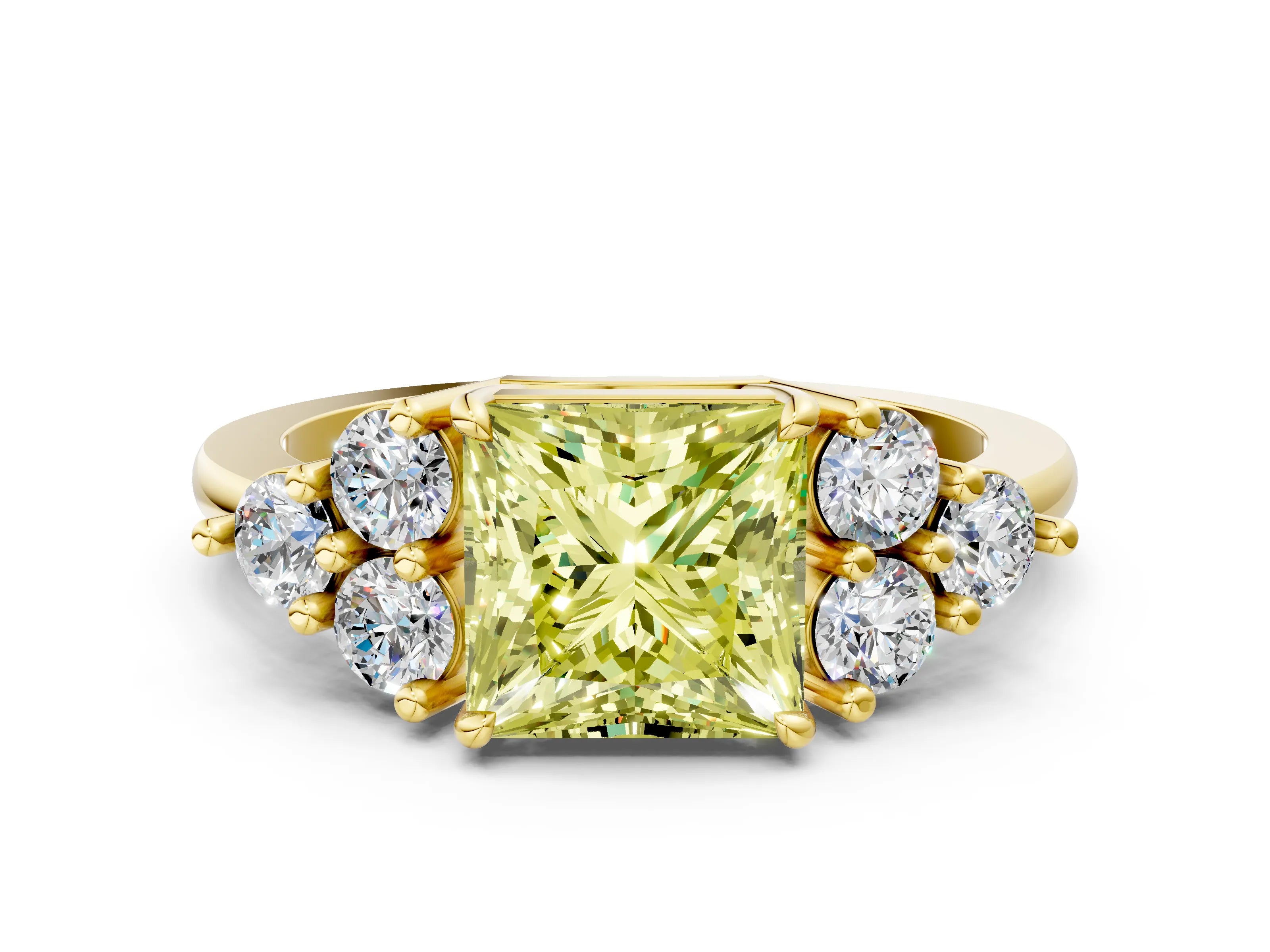 Yellow gold Fancy Yellow Princess Cut Brilliant Diamond Cluster Accent Solitaire Ring with Prong Setting