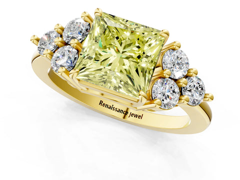 Yellow gold Fancy Yellow Princess Cut Brilliant Diamond Cluster Accent Solitaire Ring with Prong Setting_1
